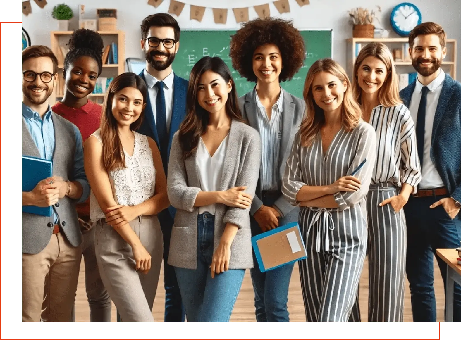 A group of people standing in front of a chalkboard.